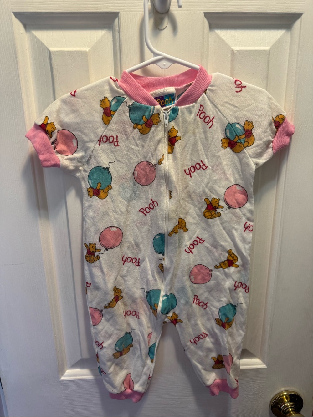 RARE Vintage Disney Winnie the Pooh Pink & White Baby One-Piece Romper